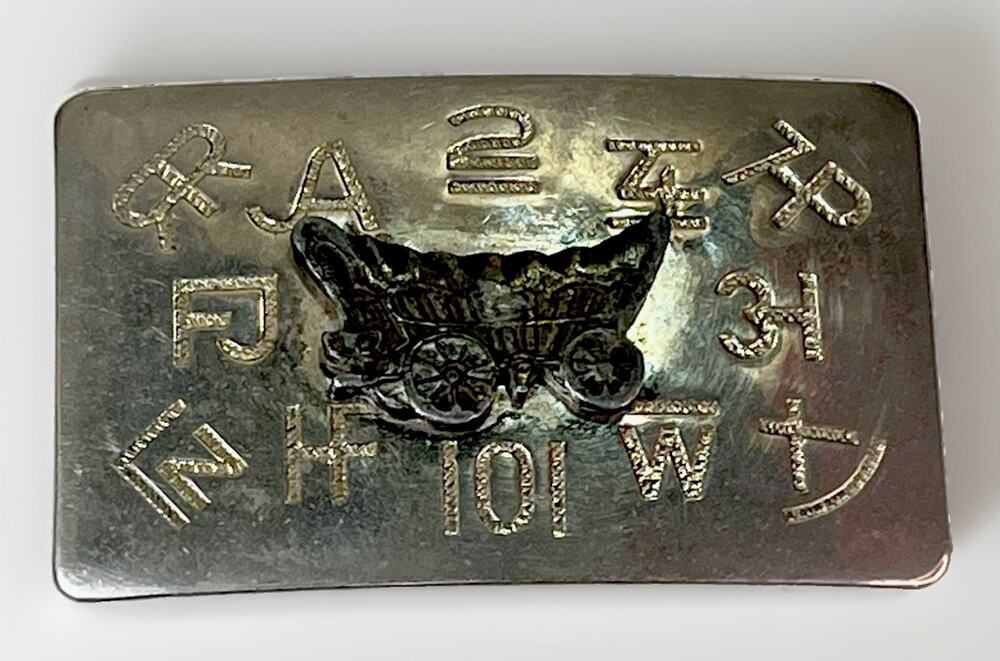 Vtg Western Belt Buckle Covered Wagon Cattle Brands Symbols Chambers Belt Co.